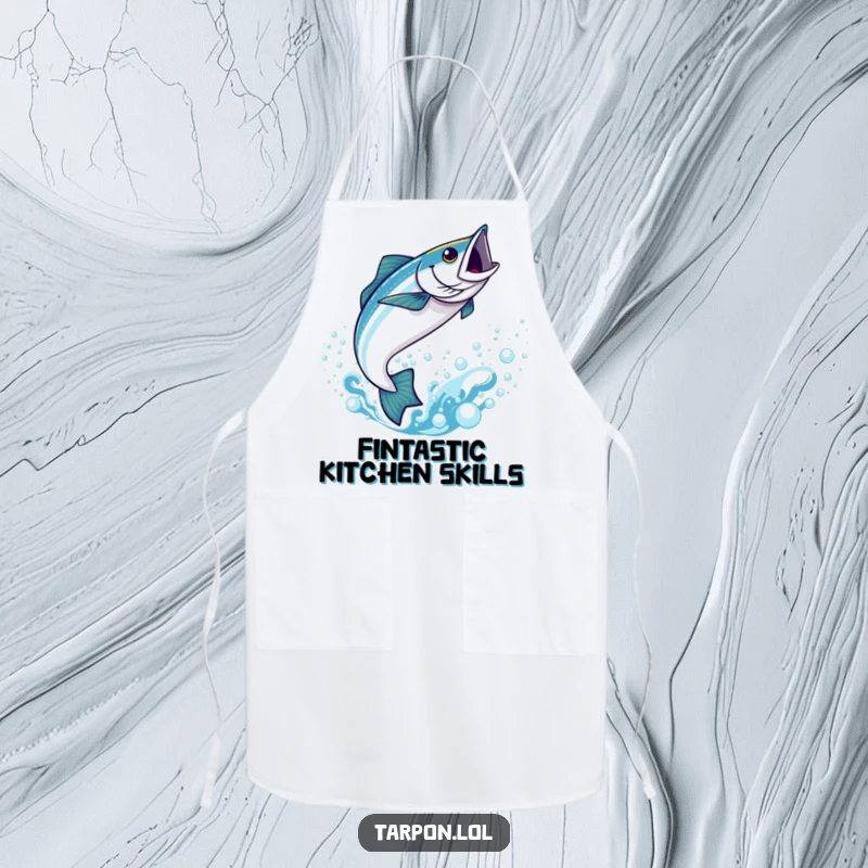 Funny Kawaii Tarpon Apron: A cute tarpon mid-leap in bubbly blue water, a funny and functional kitchen accessory.