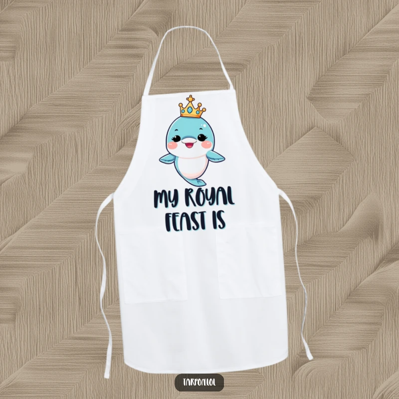 Funny King Tarpon Apron: A tarpon character winks while balancing a tiny crown, a funny and functional kitchen accessory.