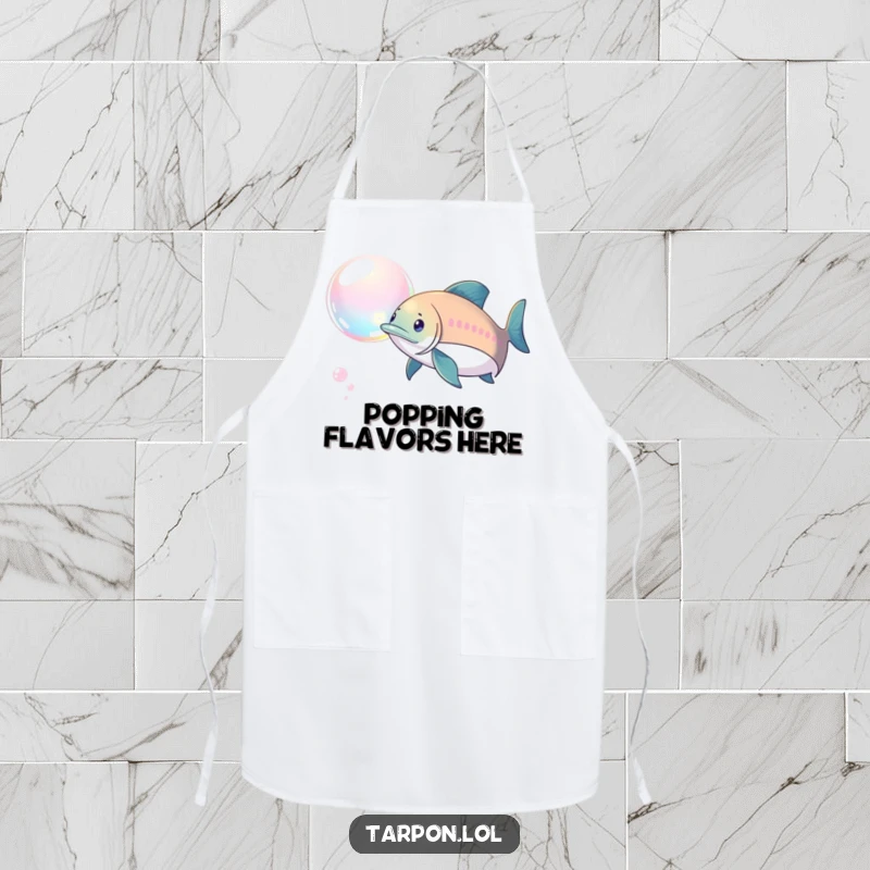 Funny Tarpon Bubble Chase Apron: A tarpon playfully chasing a shimmering bubble, a funny and practical kitchen accessory.