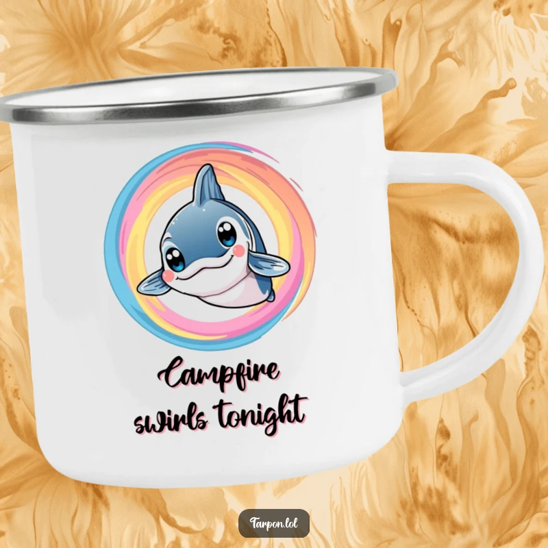 Funny Tarpon Swirl Camping Mug: A smiling tarpon with big eyes embraces a colorful swirl, ready for any funny outdoor escapade.