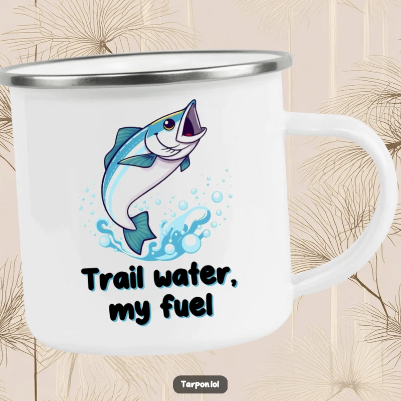 Funny Kawaii Tarpon Camping Mug: A cute tarpon leaping from bubbly blue water, ready for any funny outdoor adventure.