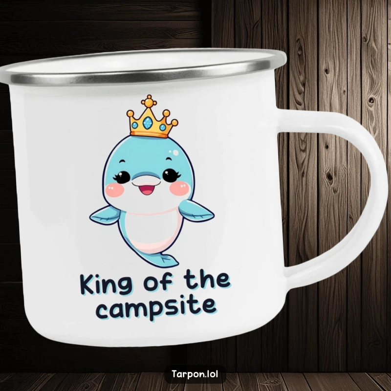 Funny King Tarpon Camping Mug: A tarpon character winks while balancing a sparkling crown, ready for any funny outdoor escapade.