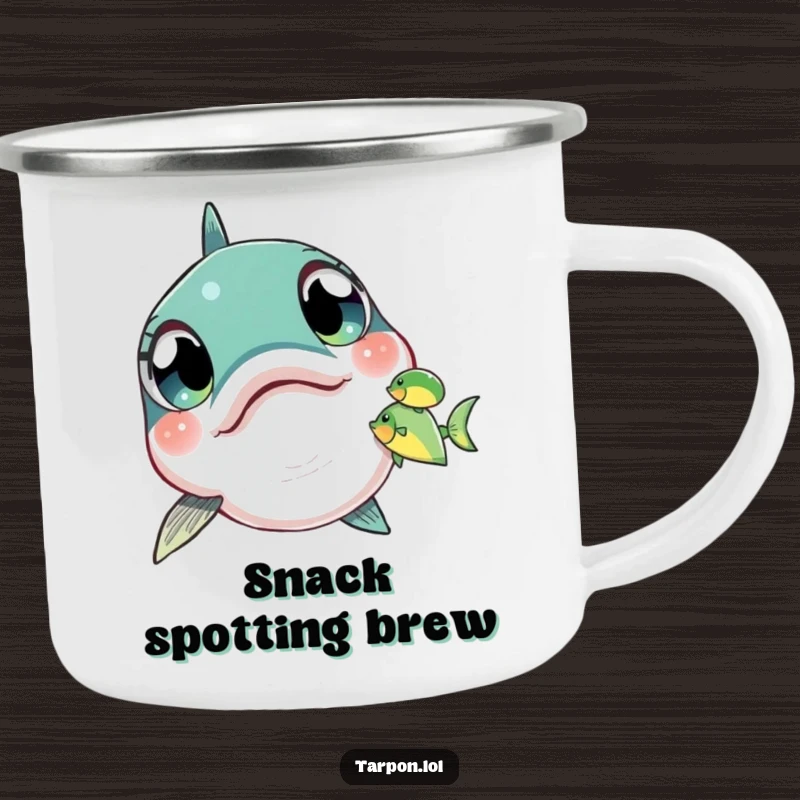 Funny Tarpon Camping Mug featuring a tarpon with wide, amazed eyes spotting a small fish, ready for observation.