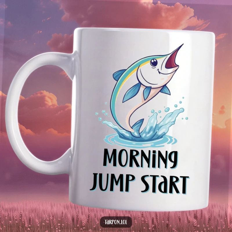 Funny Tarpon Mug featuring a powerful tarpon leaping dramatically out of the water, creating a big splash.