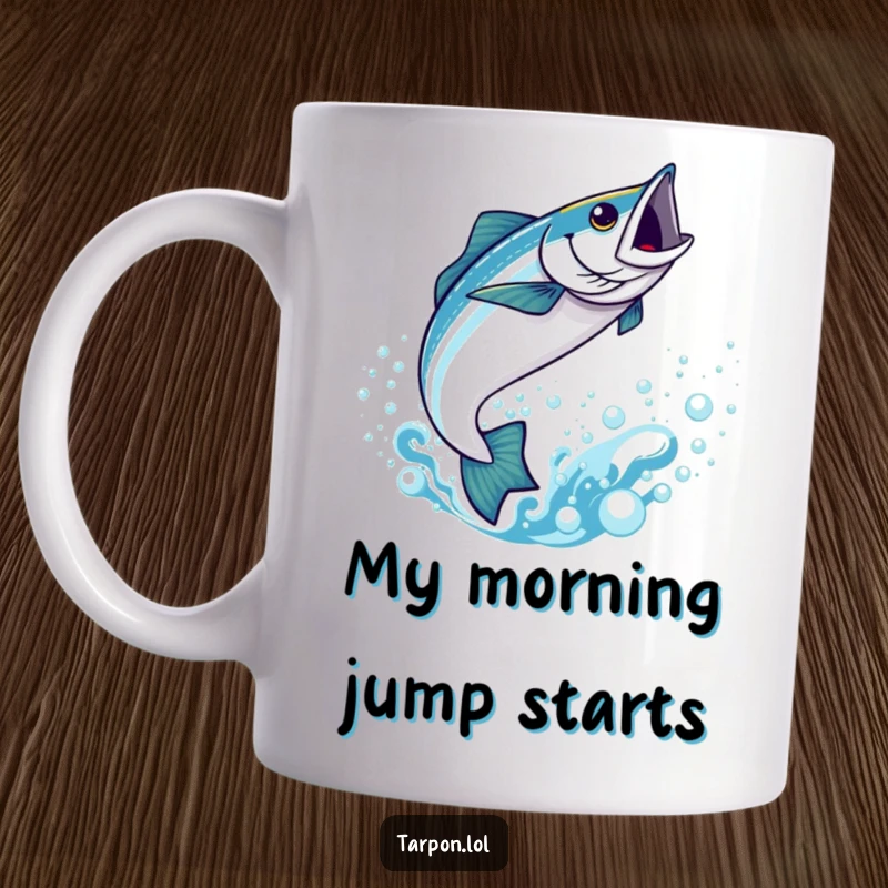 Funny Kawaii Tarpon Mug: A cute fish leaping joyfully from bubbly blue water, full of happy energy.