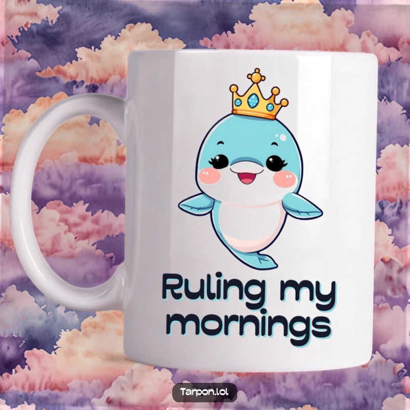 Funny King Tarpon Mug: A tarpon character confidently winks while perfectly balancing a tiny, sparkling crown on its head.
