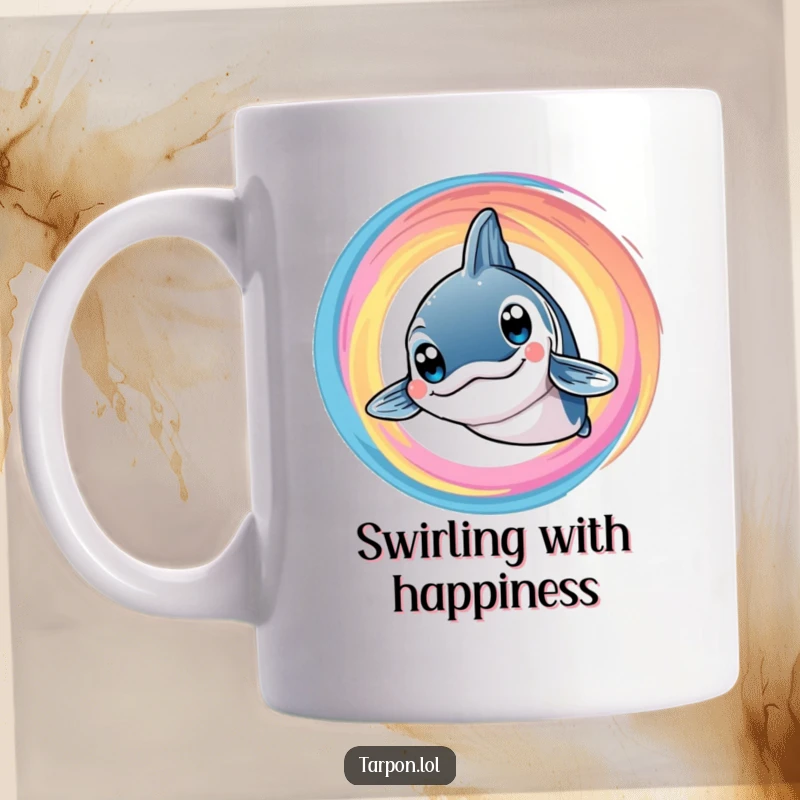 Funny Tarpon Swirl Mug: A smiling tarpon with big, bright eyes is encircled by a vibrant, colorful swirl, looking happy.