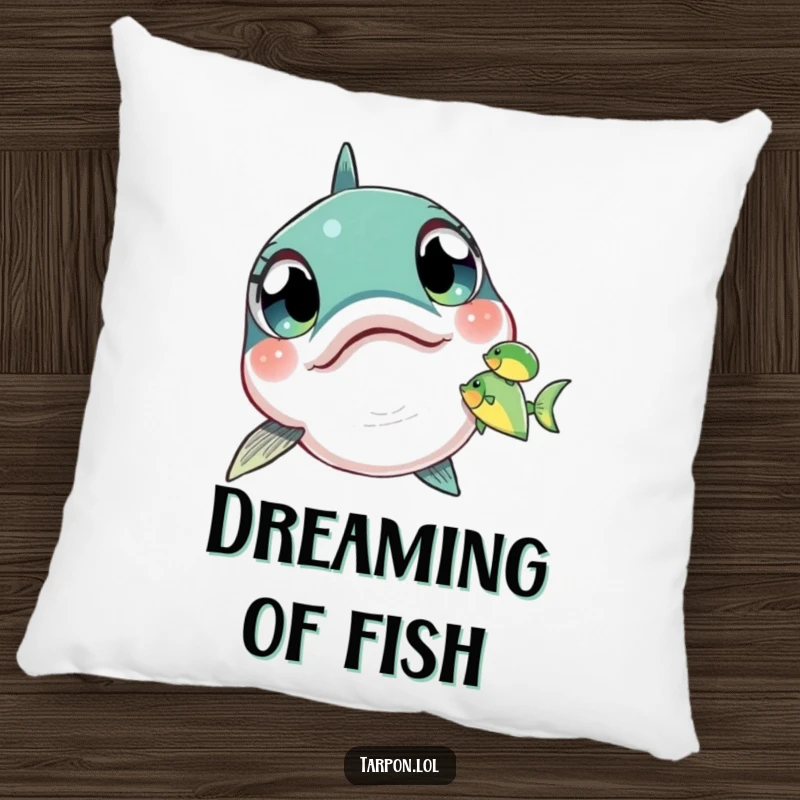 Funny Tarpon Pillow featuring a tarpon with large, amazed eyes peering intently at a small fish, bringing humor to comfort.