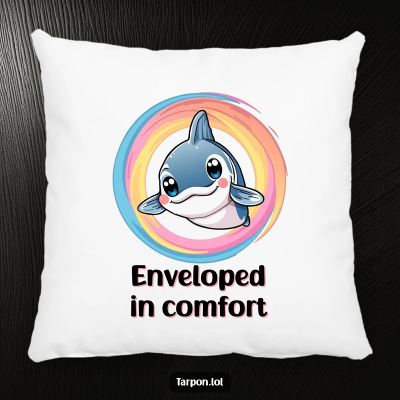Funny Tarpon Swirl Pillow: A smiling tarpon with large, bright eyes is surrounded by a colorful swirl, offering funny, plush comfort.