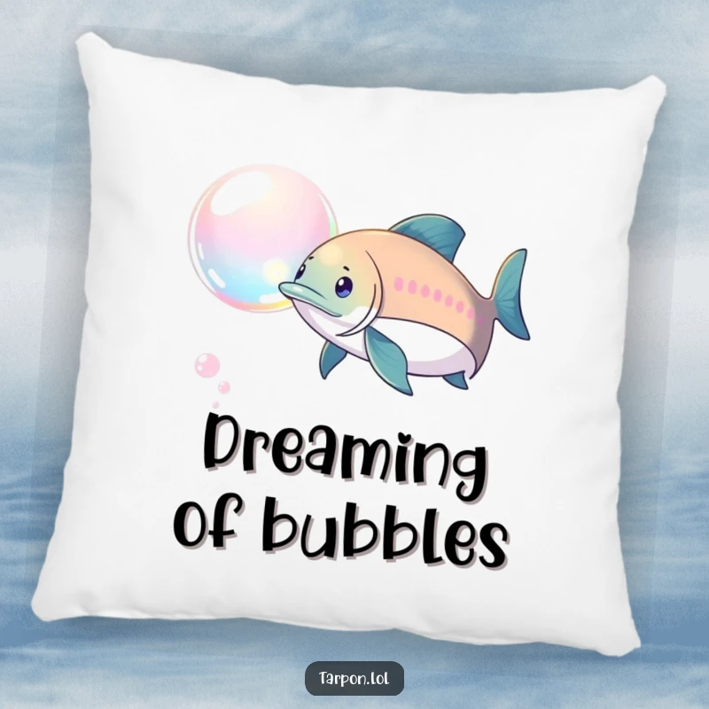 Funny Tarpon Bubble Chase Pillow: A tarpon playfully chasing a shimmering bubble, offering funny, plush comfort and playful vibes.