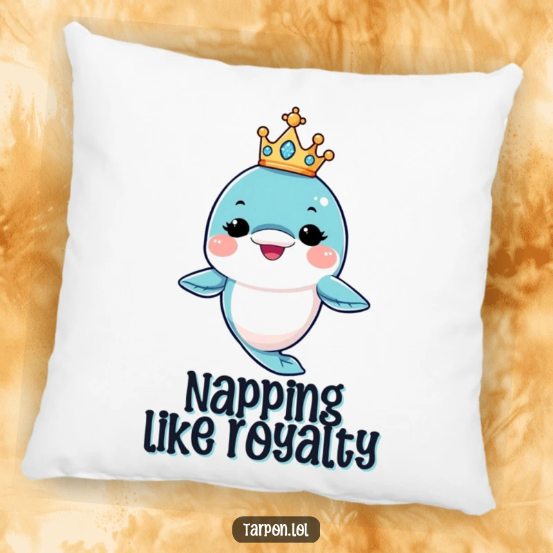 Funny King Tarpon Pillow: A tarpon character winks, balancing a sparkling crown, offering funny, plush comfort and regal charm.