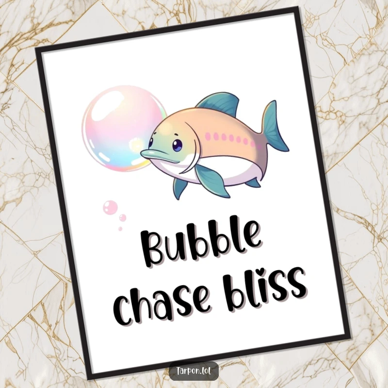 Funny Tarpon Bubble Chase Digital Art Print: A tarpon playfully chasing a shimmering bubble, creating a funny and lively wall decoration.