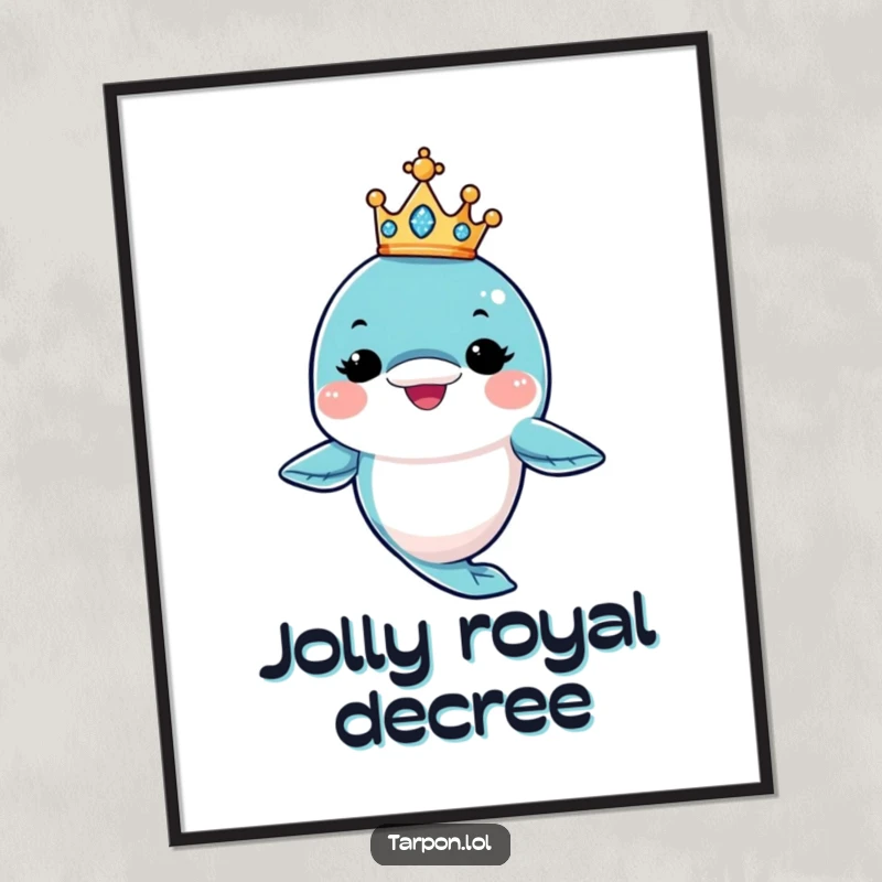 Funny King Tarpon Digital Art Print: A tarpon character winks while balancing a sparkling crown, creating a funny and regal wall decoration.