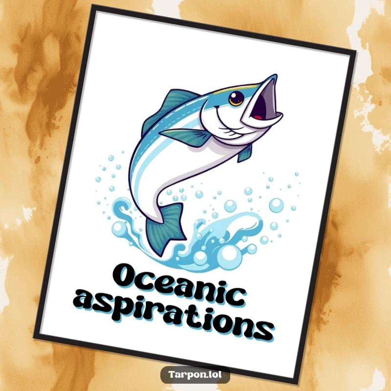 Funny Kawaii Tarpon Digital Art Print: A cute tarpon leaping joyfully from bubbly blue water, a funny and charming wall decoration.