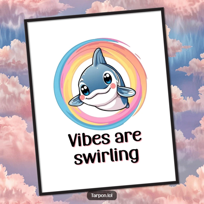 Funny Tarpon Swirl Digital Art Print: A happy tarpon with big, bright eyes smiles, embraced by a colorful swirl, creating funny wall decor.