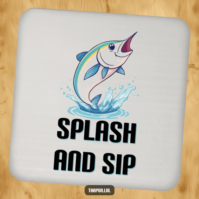Funny Tarpon Coasters displaying a tarpon leaping powerfully out of the water, adding dynamic flair to your drinks.