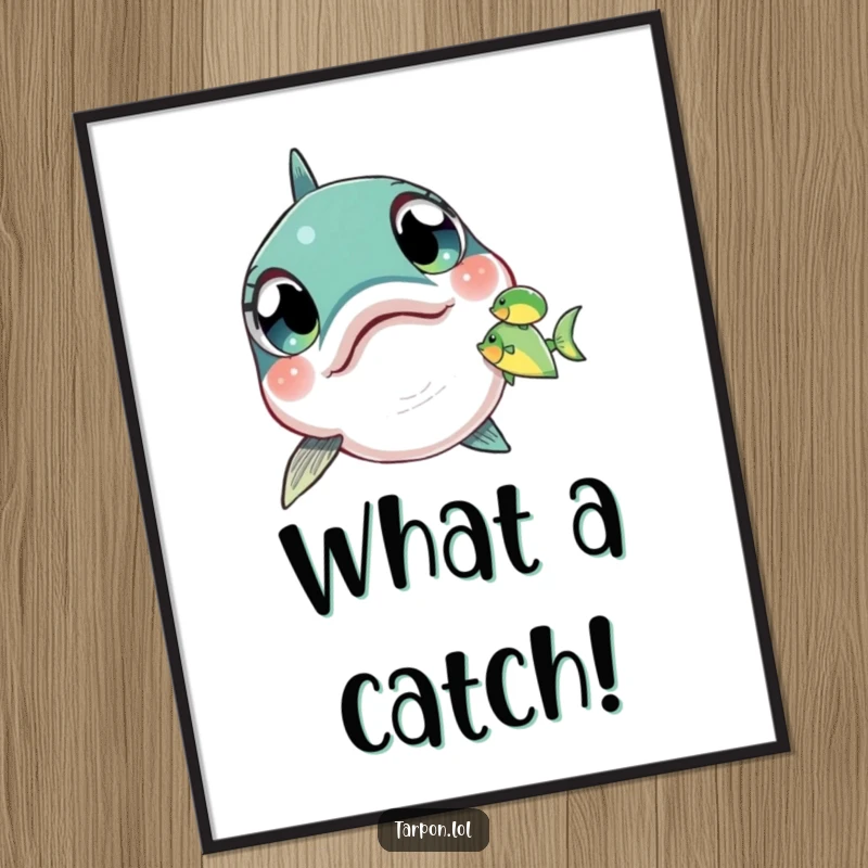 Funny Free Printable Wall Art: Tarpon fish with wide, amazed eyes focused intently on a tiny, unsuspecting fish swimming nearby.