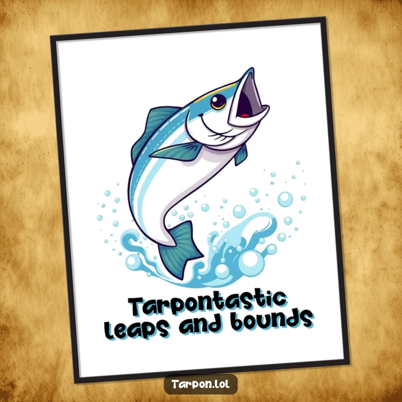 Funny Free Printable Wall Art: A cute kawaii tarpon leaping energetically out of bubbly blue water, bringing joy to your space.