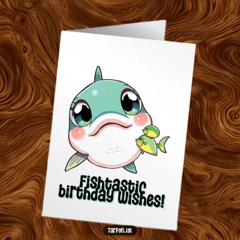Funny Free Printable Birthday Card: Tarpon fish with wide, amazed eyes staring intently at a tiny, unsuspecting fish nearby.