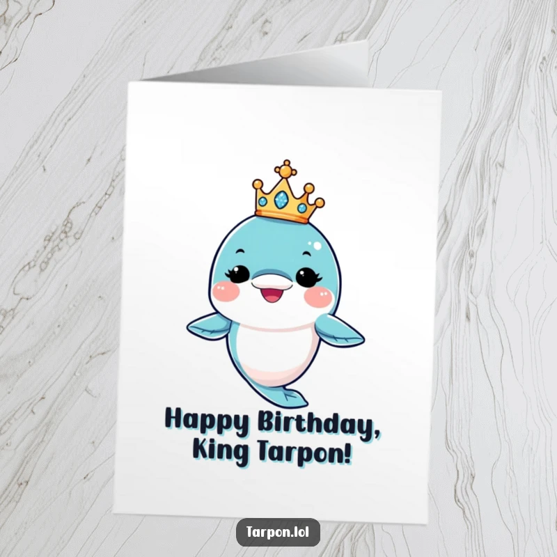 Funny Free Printable Birthday Card: A tarpon character winks cheekily while balancing a tiny, sparkling crown, celebrating birthday.
