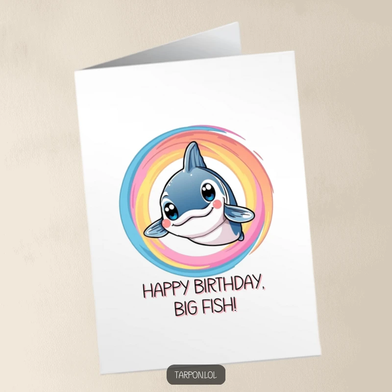 Funny Free Printable Birthday Card: A tarpon with big, bright eyes smiles happily as a colorful swirl magically encircles it.
