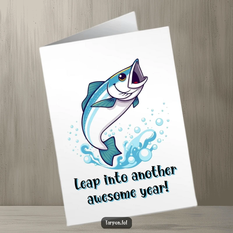 Funny Free Printable Birthday Card: Kawaii Tarpon joyfully leaping high out of bubbly blue water, bringing birthday cheer.