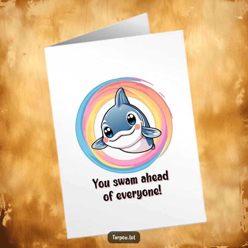 Funny Free Printable Congratulations Card: A tarpon beaming with a smile, surrounded by a vibrant, colorful swirl of success.