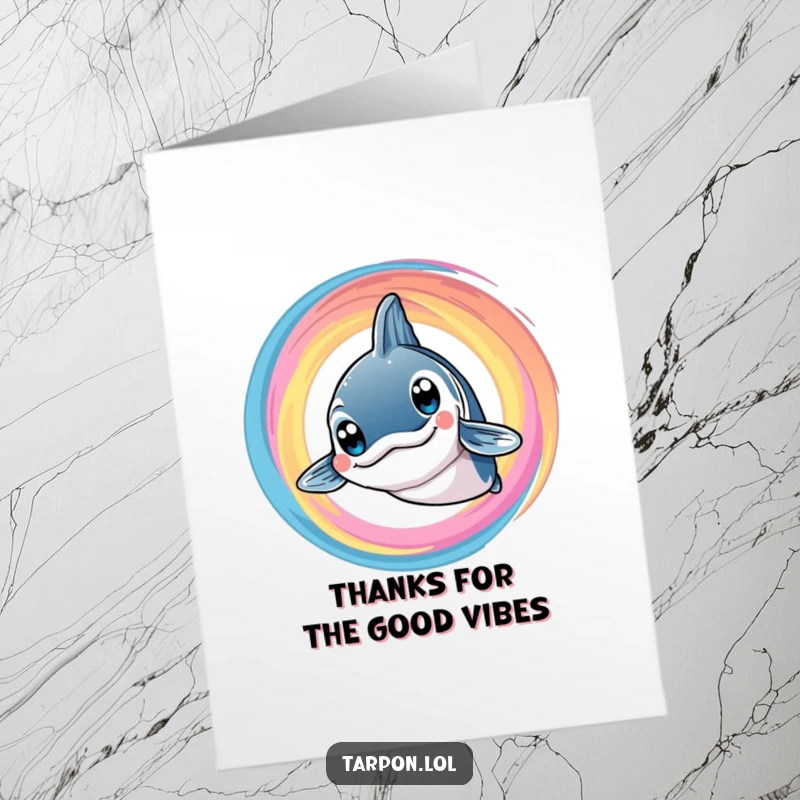 Funny Free Printable Thank You Card: A tarpon with big, bright eyes smiles warmly, encircled by a grateful, colorful swirl.