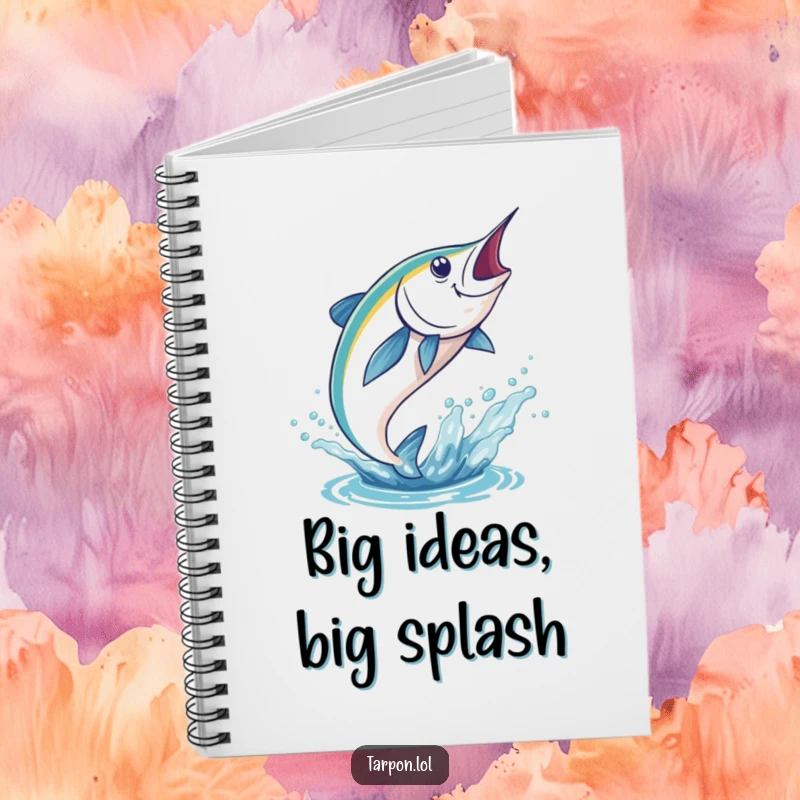 Funny Tarpon Notebook with a tarpon leaping energetically from the water, perfect for jotting down powerful thoughts.