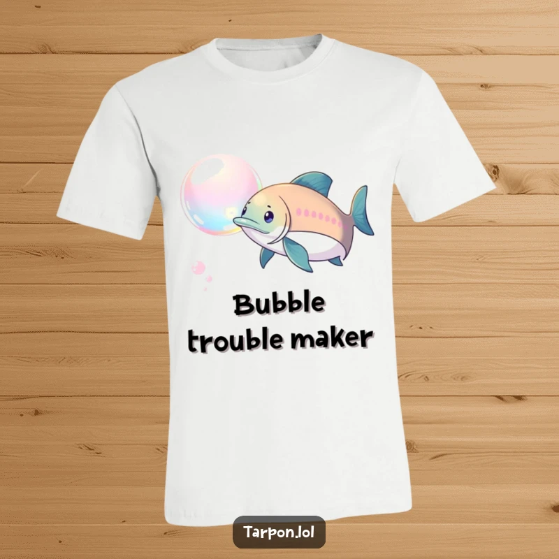 Funny Tarpon Bubble Chase T-Shirt: A tarpon actively chases a shiny, iridescent bubble, depicted in a funny, energetic scene.