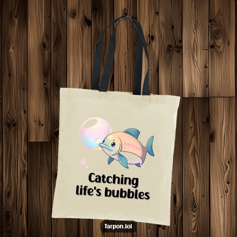 Funny Tarpon Bubble Chase Tote Bag: A tarpon playfully chasing an iridescent bubble, a funny and practical accessory.