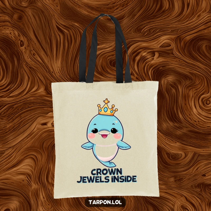 Funny King Tarpon Tote Bag: A tarpon character winks while balancing a tiny crown, a funny and stylish accessory.