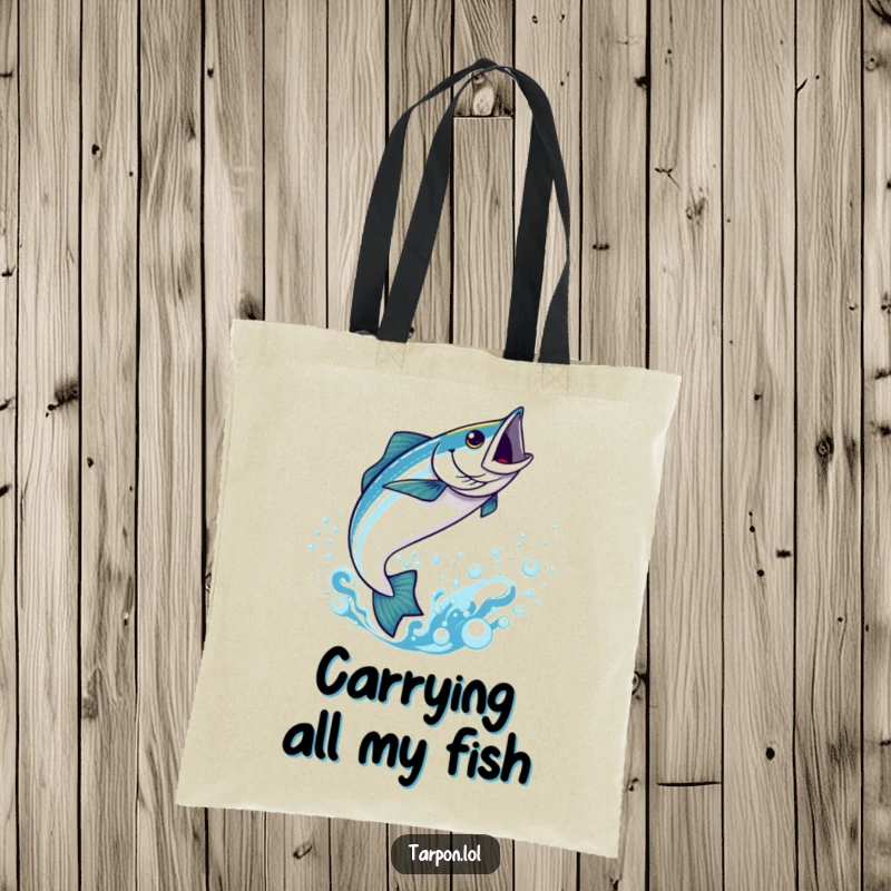 Funny Kawaii Tarpon Tote Bag: A cute, leaping tarpon splashing in bubbly blue water, a funny and practical accessory.