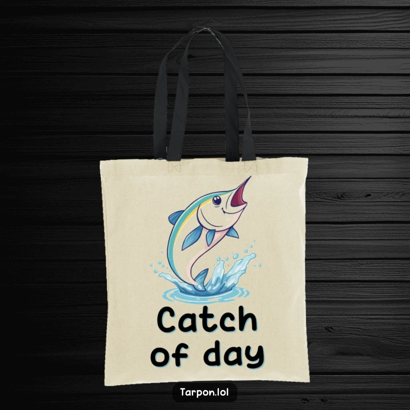 Funny Tarpon Tote Bag depicting a powerful tarpon leaping majestically out of the water with spray.
